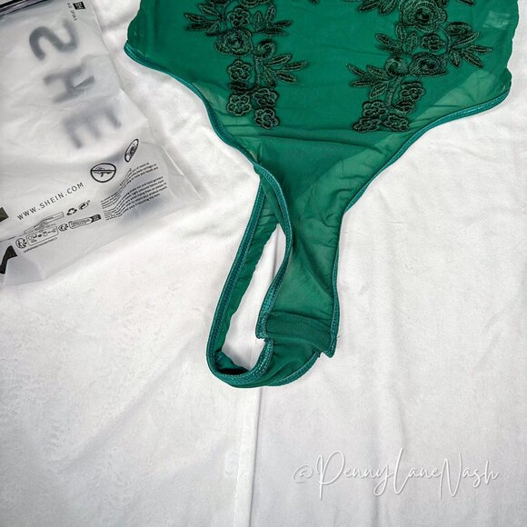 Shein Sheer Mesh Floral Embroidered Bodysuit Top Green - Picture 5 of 9